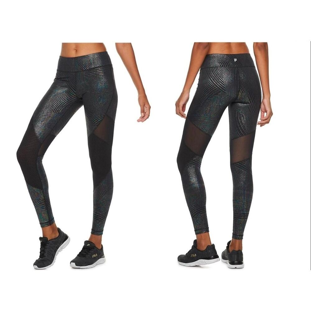 Fila Sport Leggings Large Cropped Iridescent Holographic Sheer Mesh Logo